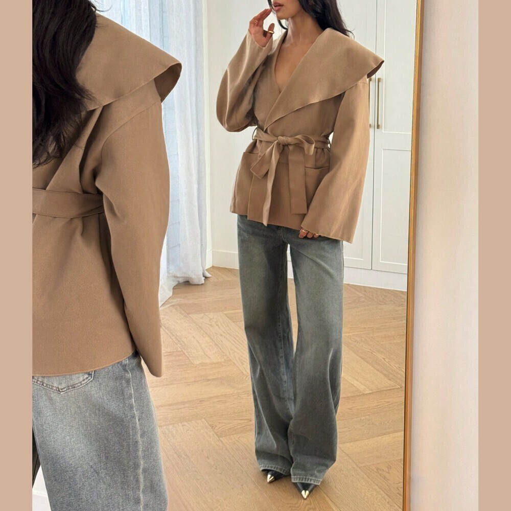 Tan Waterfall Collar Belted Wrap Coat - Picture 7 of 8